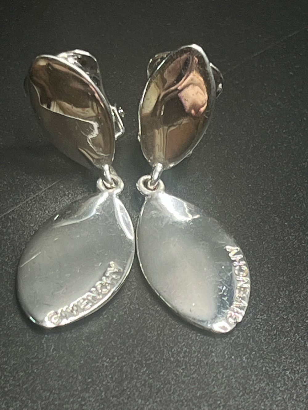 Vintage Givenchy Silver Tone Clip On Dangle Earrings Signed Designer Jewelry